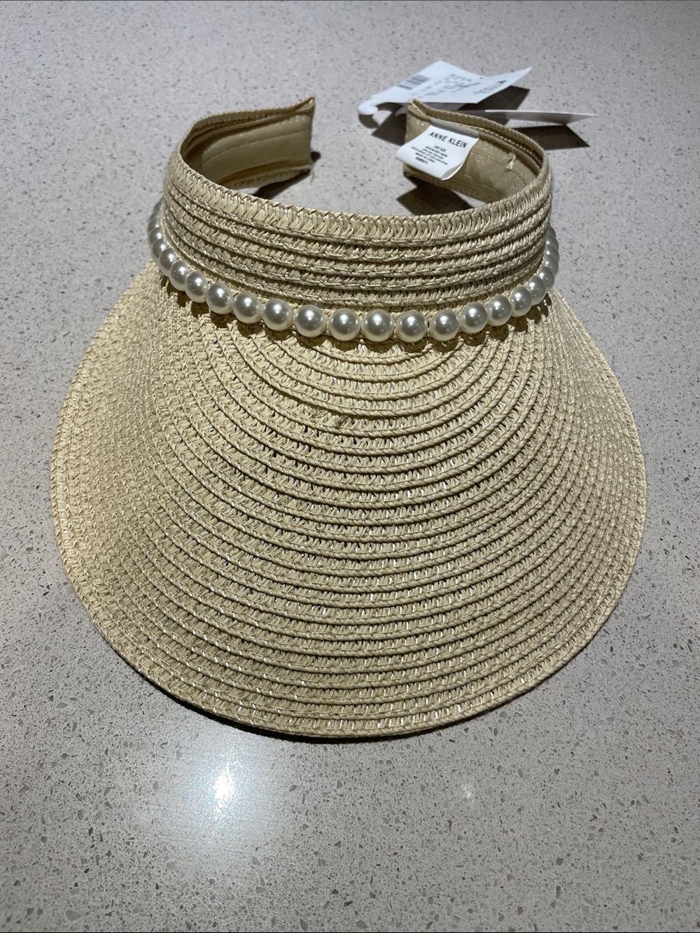 Anne Klein Straw Pearl-Trim Visor in Natural